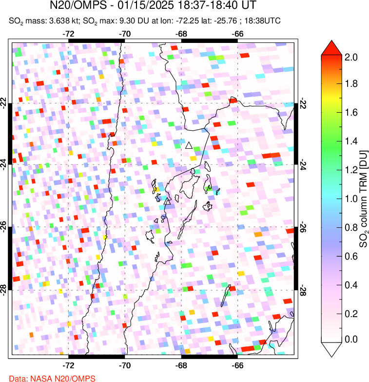 A sulfur dioxide image over Northern Chile on Jan 15, 2025.