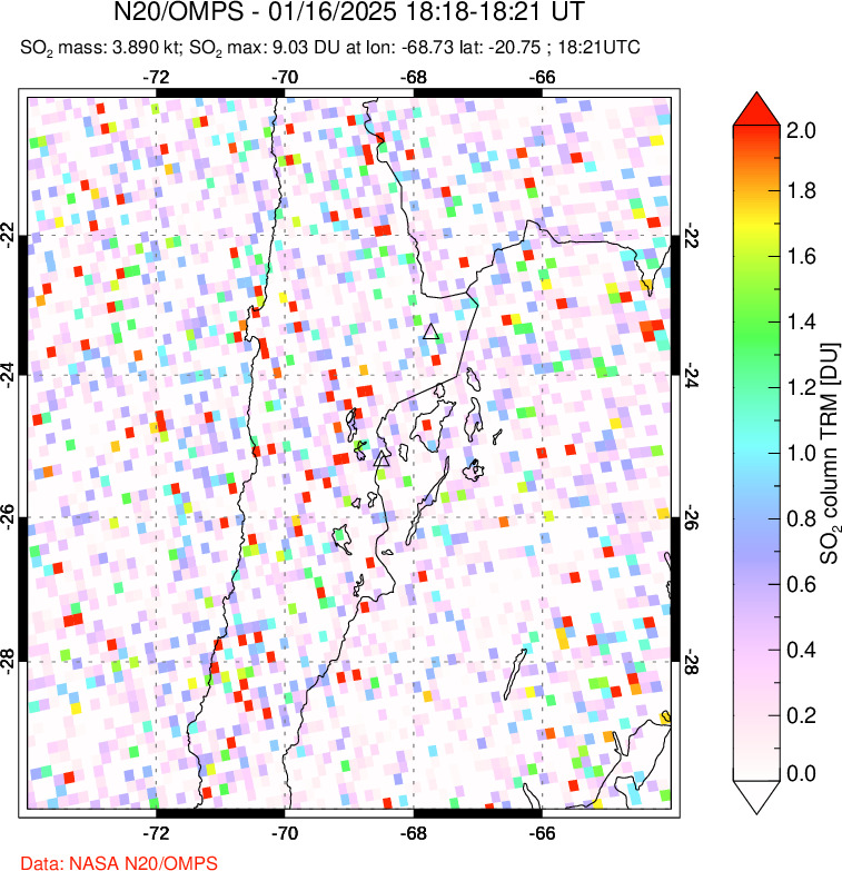 A sulfur dioxide image over Northern Chile on Jan 16, 2025.