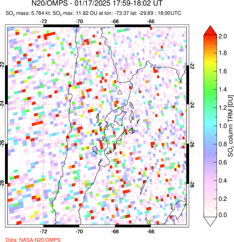 A sulfur dioxide image over Northern Chile on Jan 17, 2025.