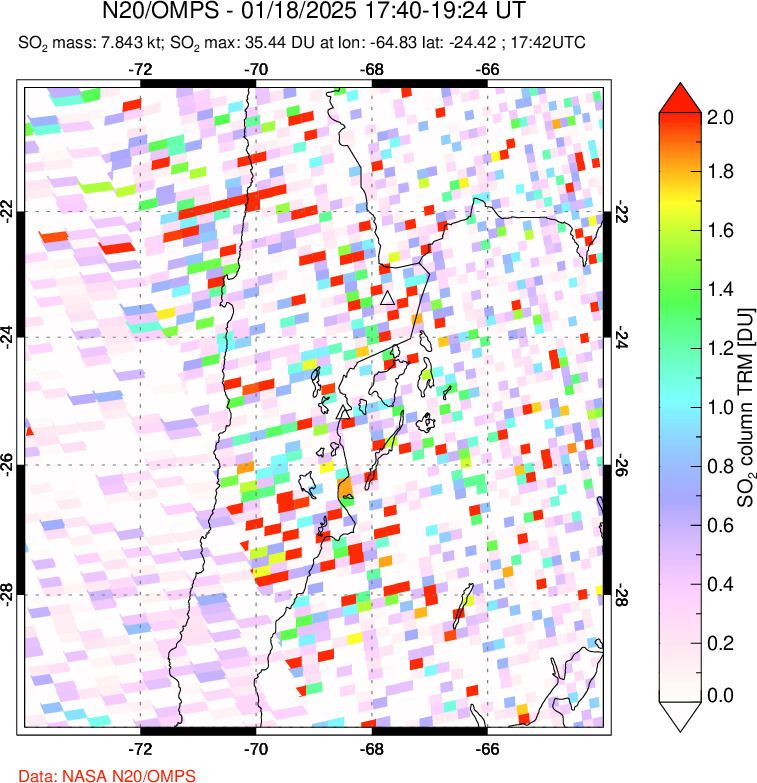 A sulfur dioxide image over Northern Chile on Jan 18, 2025.