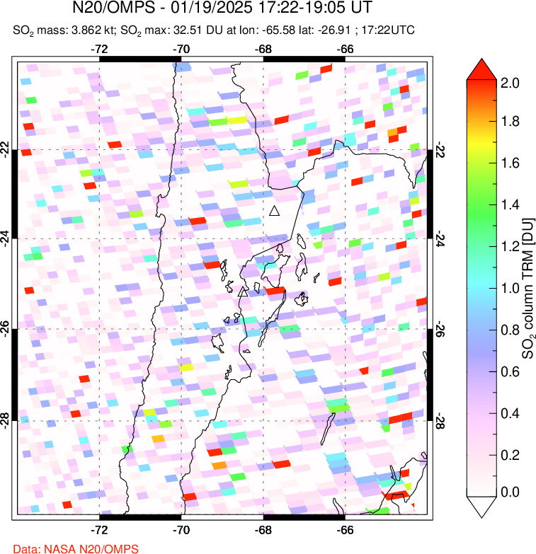 A sulfur dioxide image over Northern Chile on Jan 19, 2025.