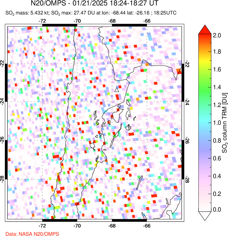 A sulfur dioxide image over Northern Chile on Jan 21, 2025.