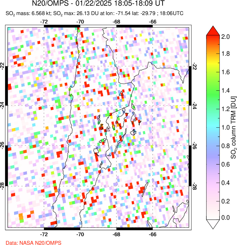 A sulfur dioxide image over Northern Chile on Jan 22, 2025.