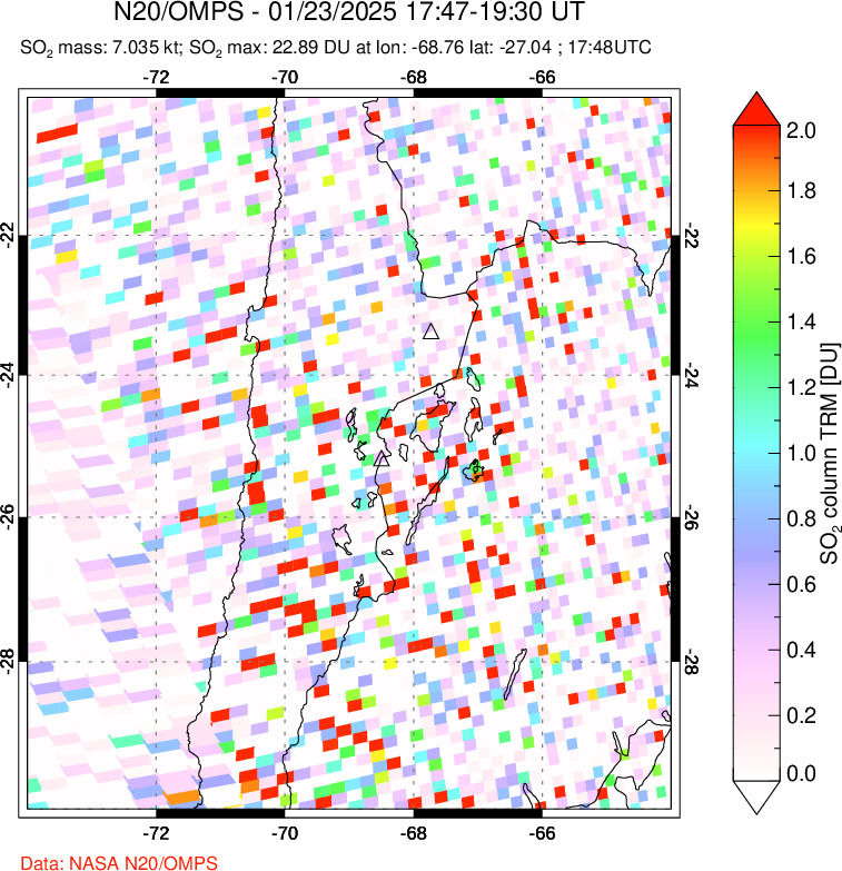 A sulfur dioxide image over Northern Chile on Jan 23, 2025.