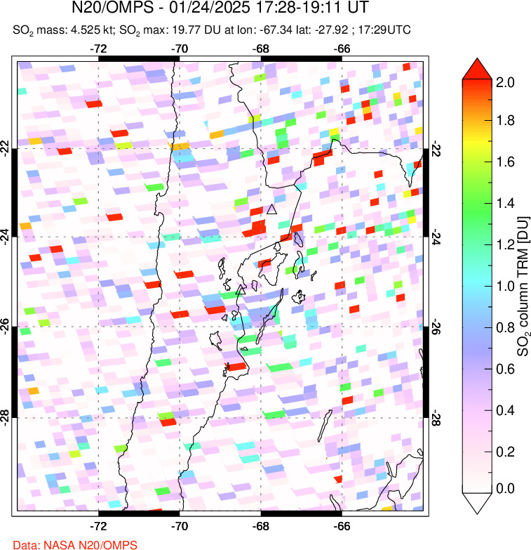 A sulfur dioxide image over Northern Chile on Jan 24, 2025.