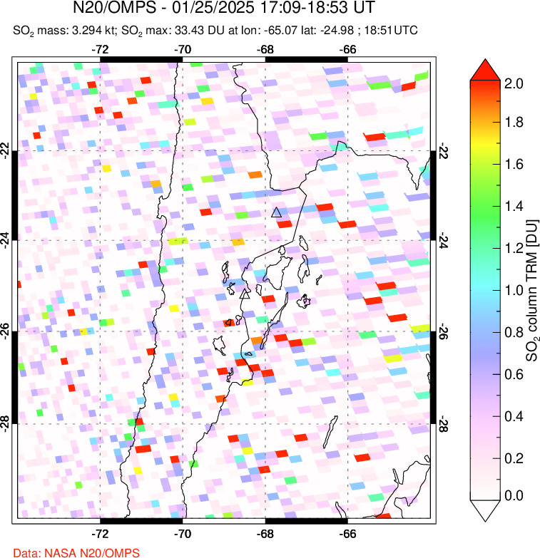 A sulfur dioxide image over Northern Chile on Jan 25, 2025.