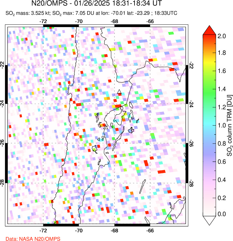 A sulfur dioxide image over Northern Chile on Jan 26, 2025.