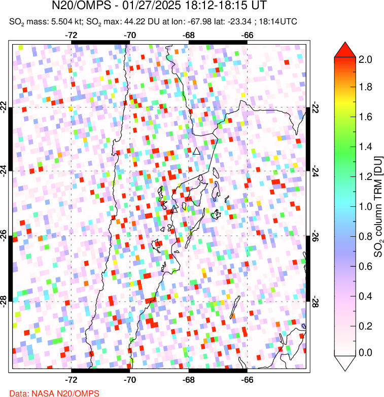 A sulfur dioxide image over Northern Chile on Jan 27, 2025.