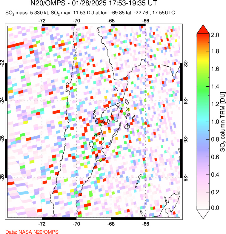 A sulfur dioxide image over Northern Chile on Jan 28, 2025.