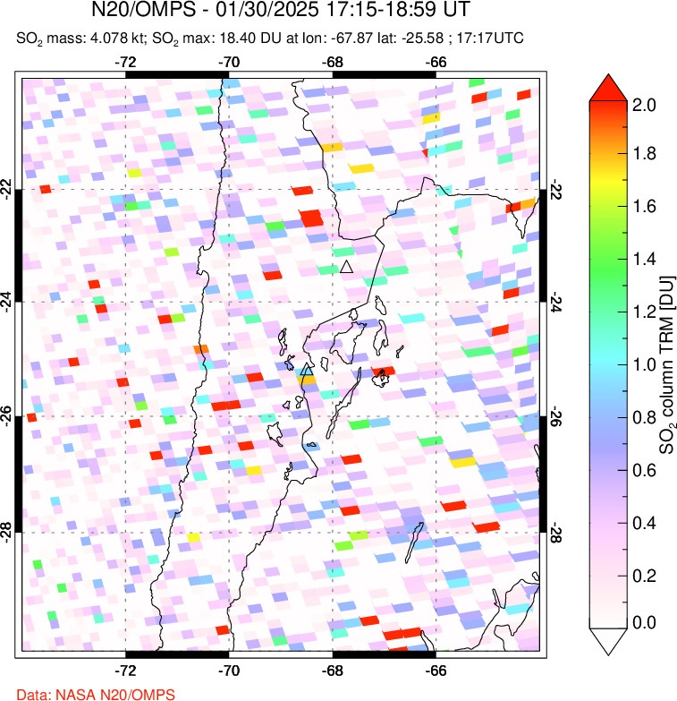 A sulfur dioxide image over Northern Chile on Jan 30, 2025.