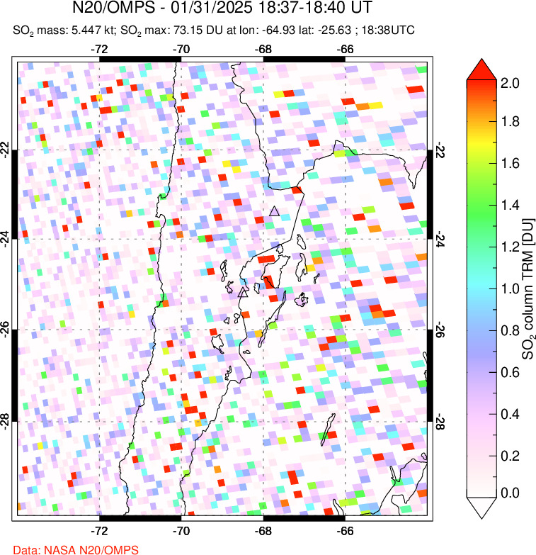 A sulfur dioxide image over Northern Chile on Jan 31, 2025.