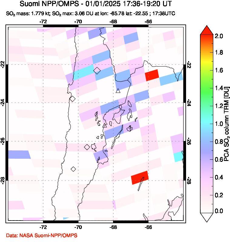 A sulfur dioxide image over Northern Chile on Jan 01, 2025.