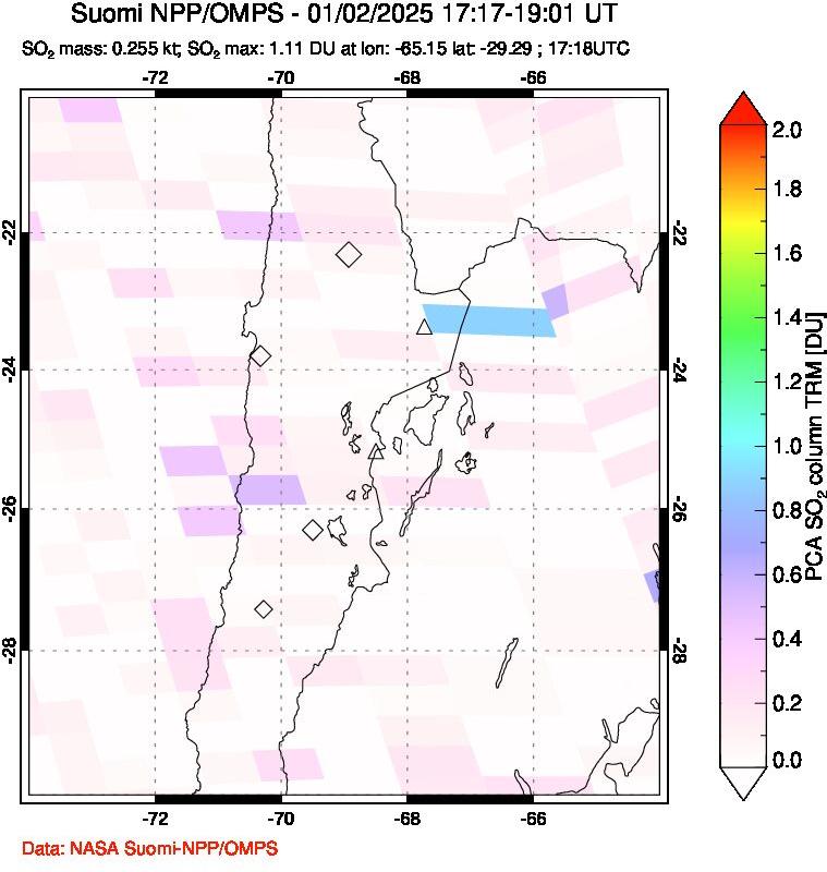 A sulfur dioxide image over Northern Chile on Jan 02, 2025.