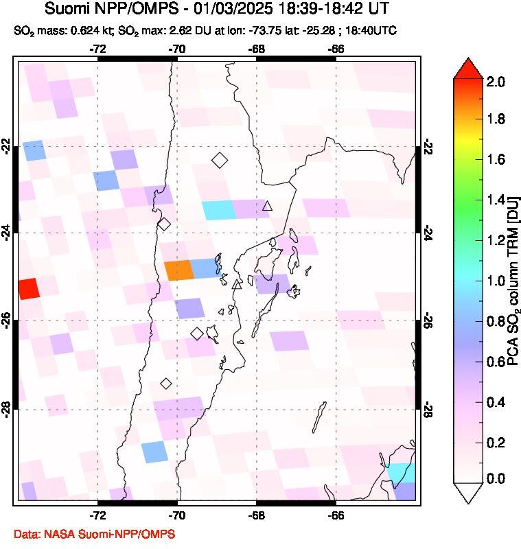 A sulfur dioxide image over Northern Chile on Jan 03, 2025.