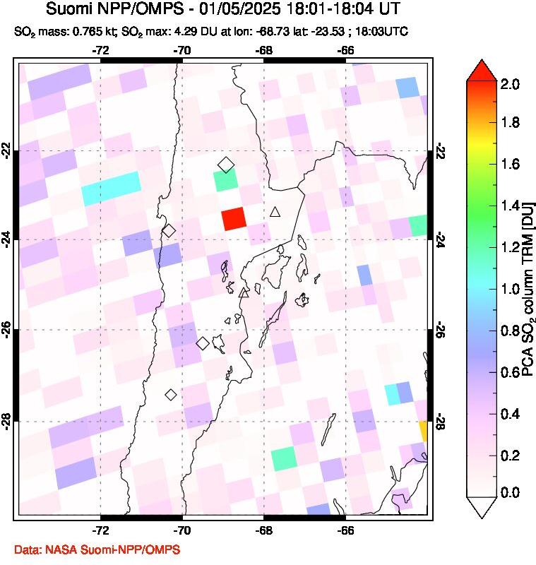 A sulfur dioxide image over Northern Chile on Jan 05, 2025.