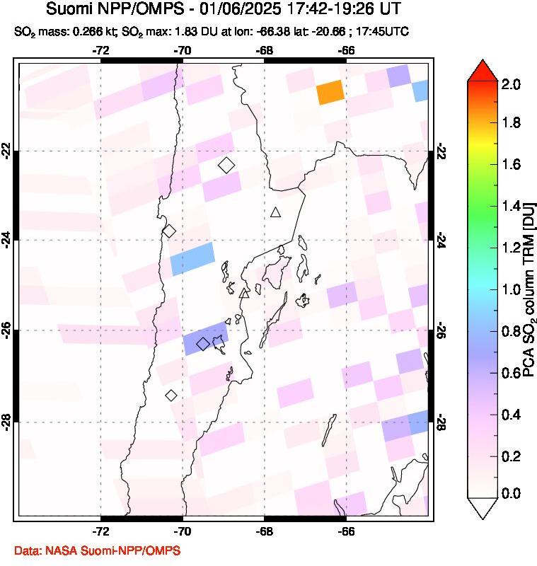 A sulfur dioxide image over Northern Chile on Jan 06, 2025.