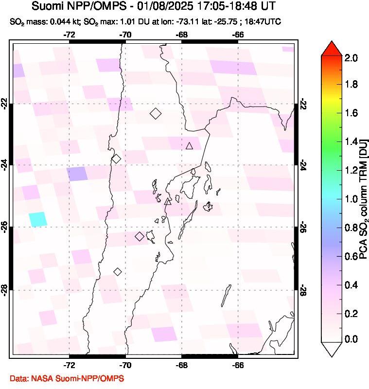 A sulfur dioxide image over Northern Chile on Jan 08, 2025.