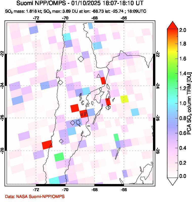 A sulfur dioxide image over Northern Chile on Jan 10, 2025.