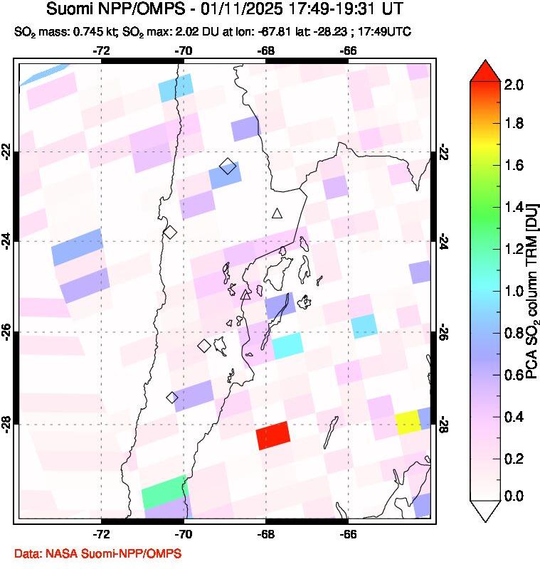 A sulfur dioxide image over Northern Chile on Jan 11, 2025.