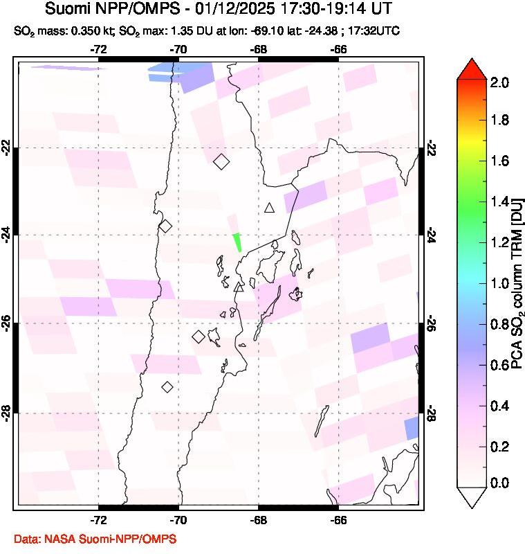 A sulfur dioxide image over Northern Chile on Jan 12, 2025.