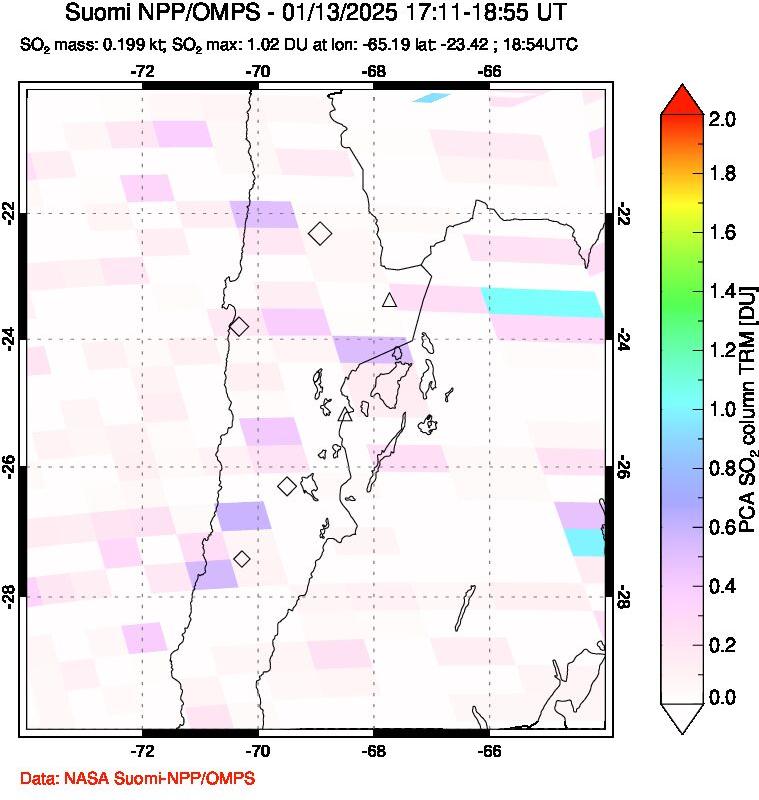 A sulfur dioxide image over Northern Chile on Jan 13, 2025.