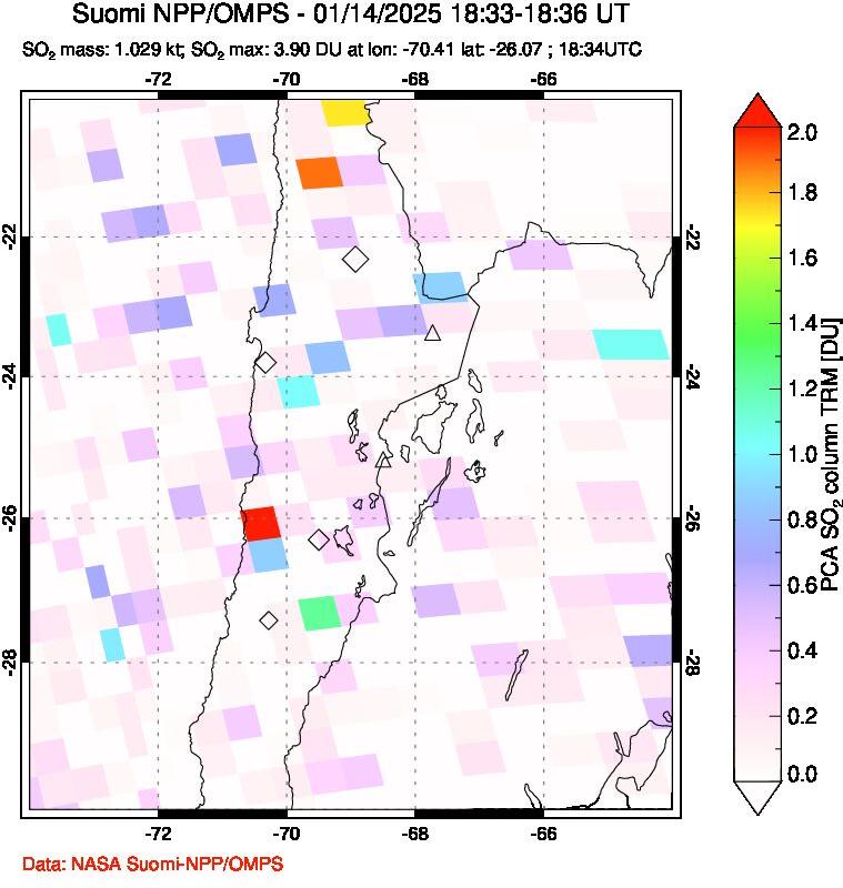 A sulfur dioxide image over Northern Chile on Jan 14, 2025.