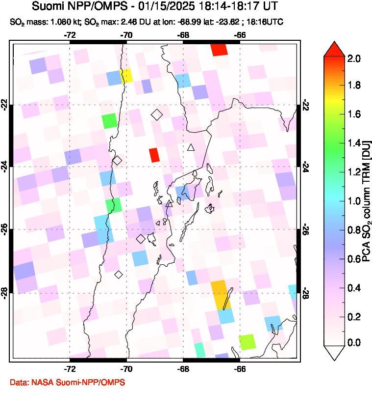 A sulfur dioxide image over Northern Chile on Jan 15, 2025.