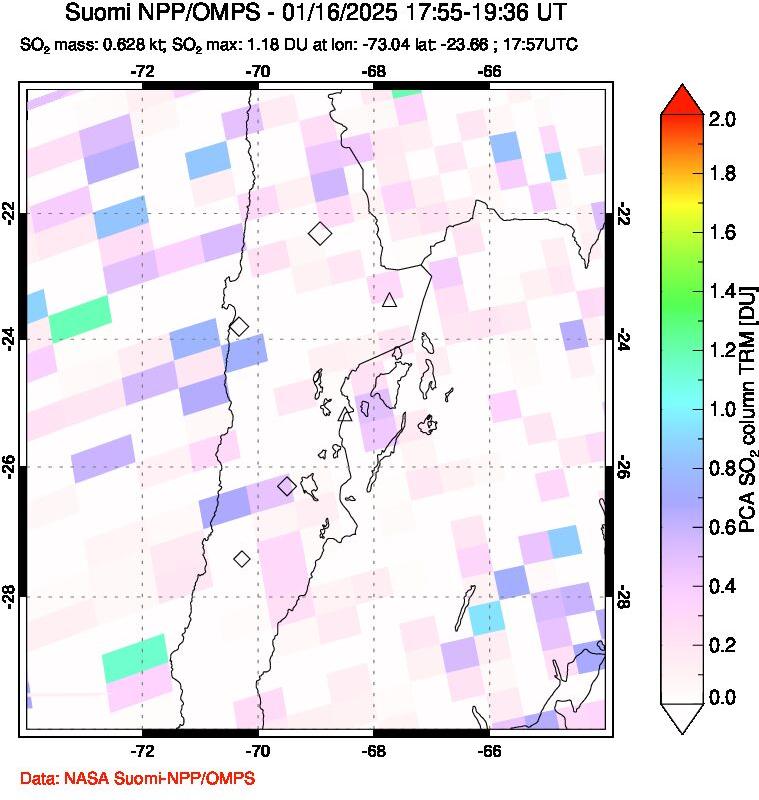 A sulfur dioxide image over Northern Chile on Jan 16, 2025.