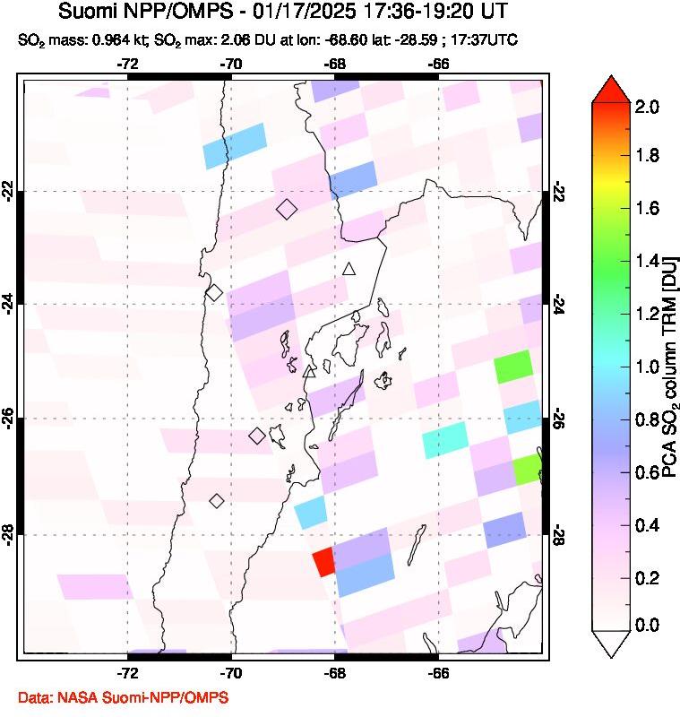 A sulfur dioxide image over Northern Chile on Jan 17, 2025.