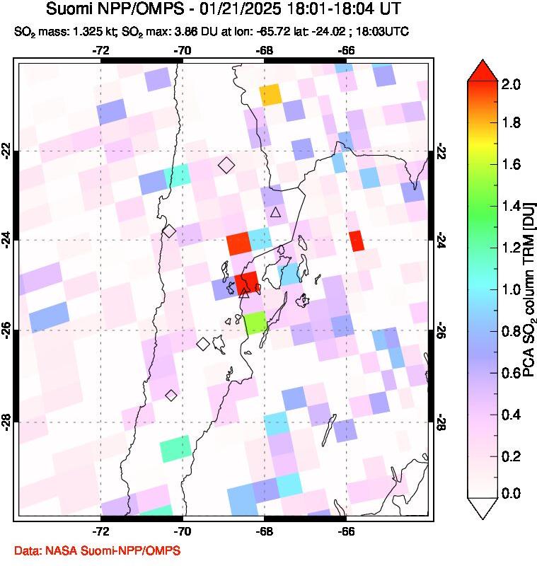 A sulfur dioxide image over Northern Chile on Jan 21, 2025.