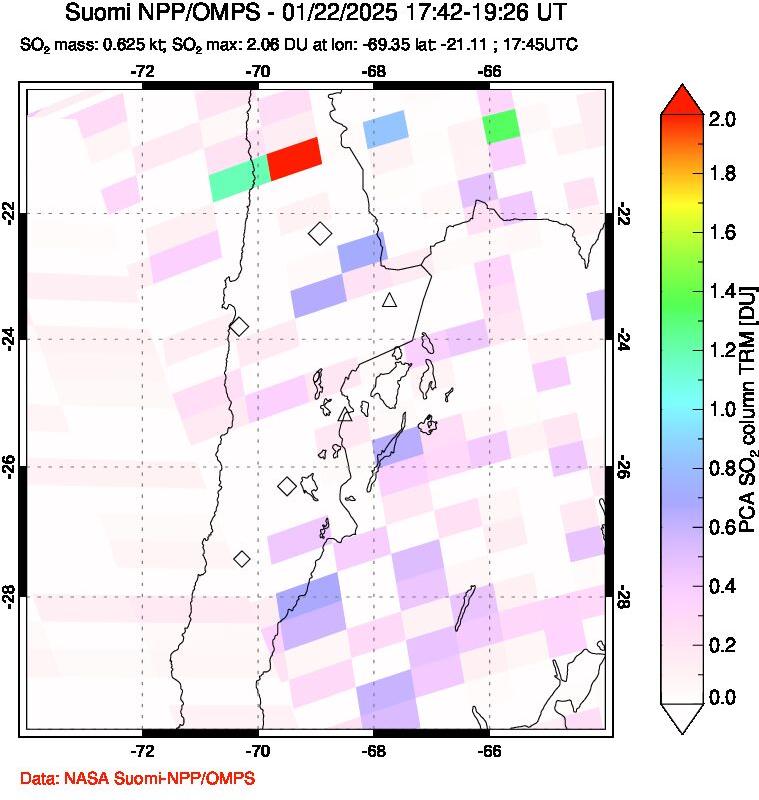 A sulfur dioxide image over Northern Chile on Jan 22, 2025.