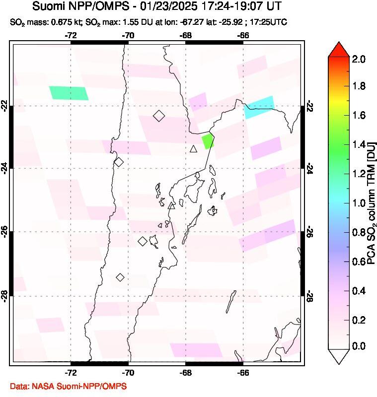 A sulfur dioxide image over Northern Chile on Jan 23, 2025.