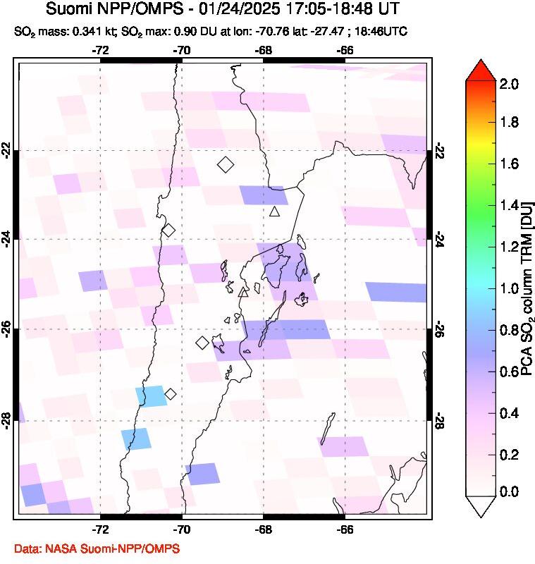 A sulfur dioxide image over Northern Chile on Jan 24, 2025.