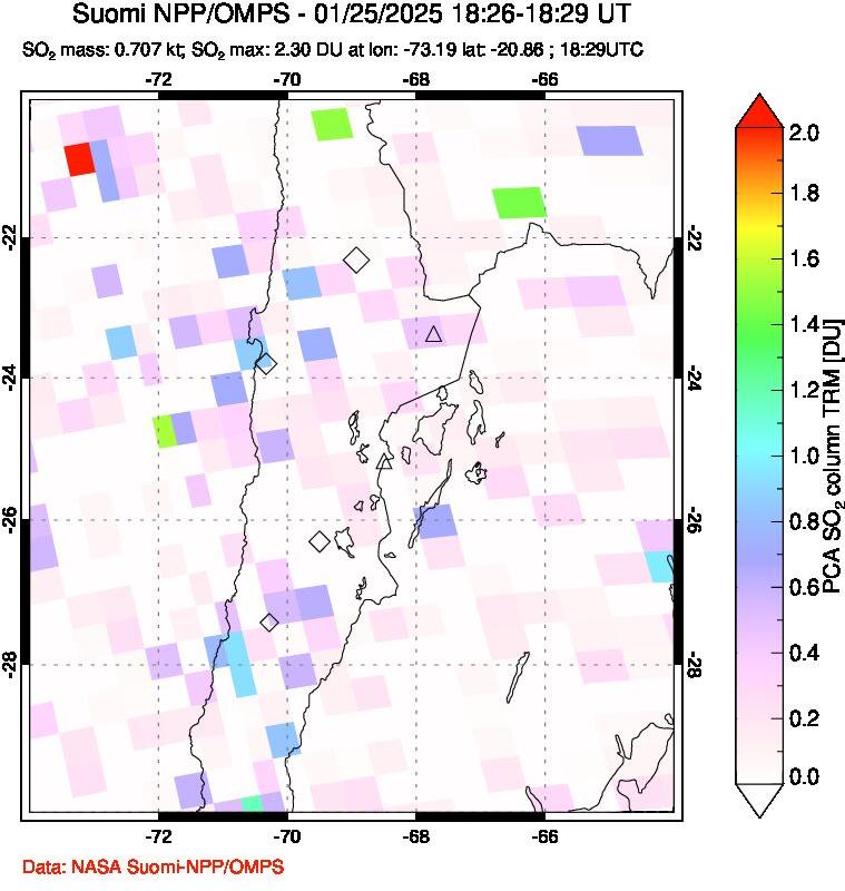 A sulfur dioxide image over Northern Chile on Jan 25, 2025.