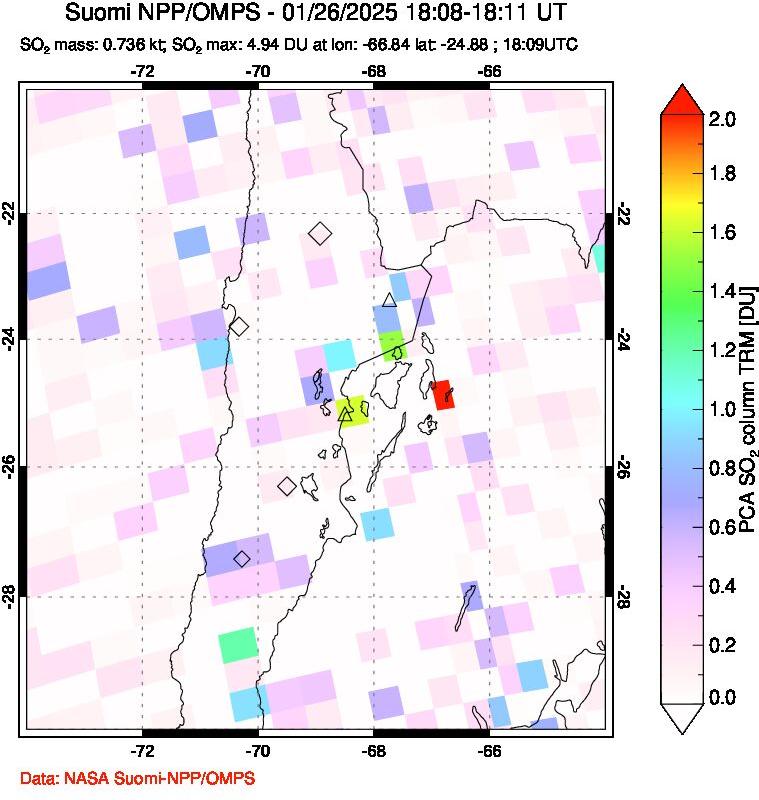 A sulfur dioxide image over Northern Chile on Jan 26, 2025.