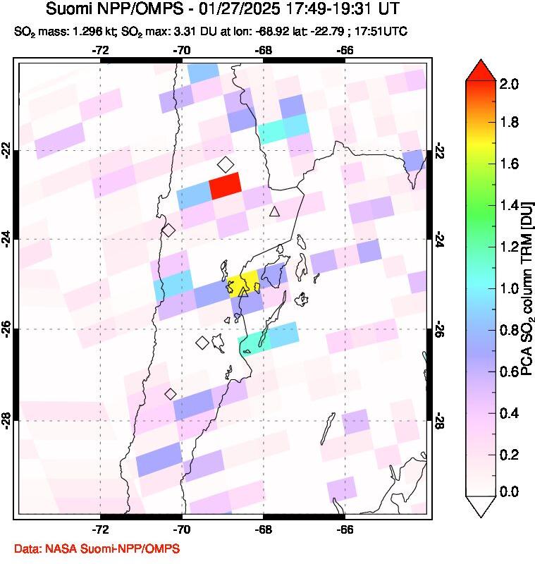 A sulfur dioxide image over Northern Chile on Jan 27, 2025.