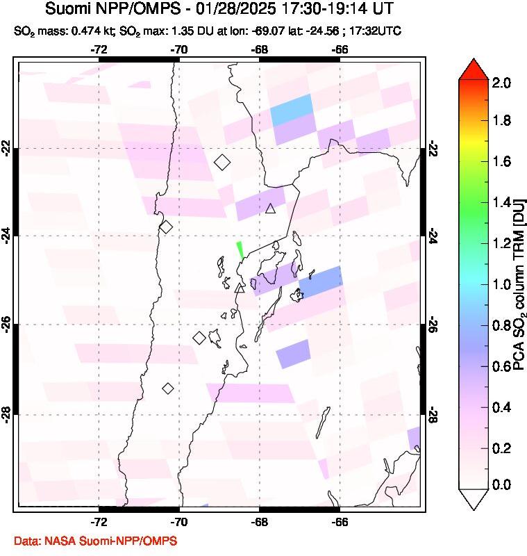 A sulfur dioxide image over Northern Chile on Jan 28, 2025.