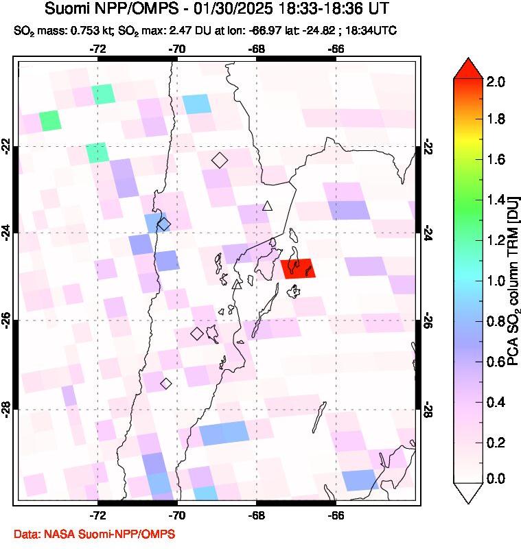 A sulfur dioxide image over Northern Chile on Jan 30, 2025.