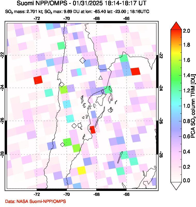 A sulfur dioxide image over Northern Chile on Jan 31, 2025.