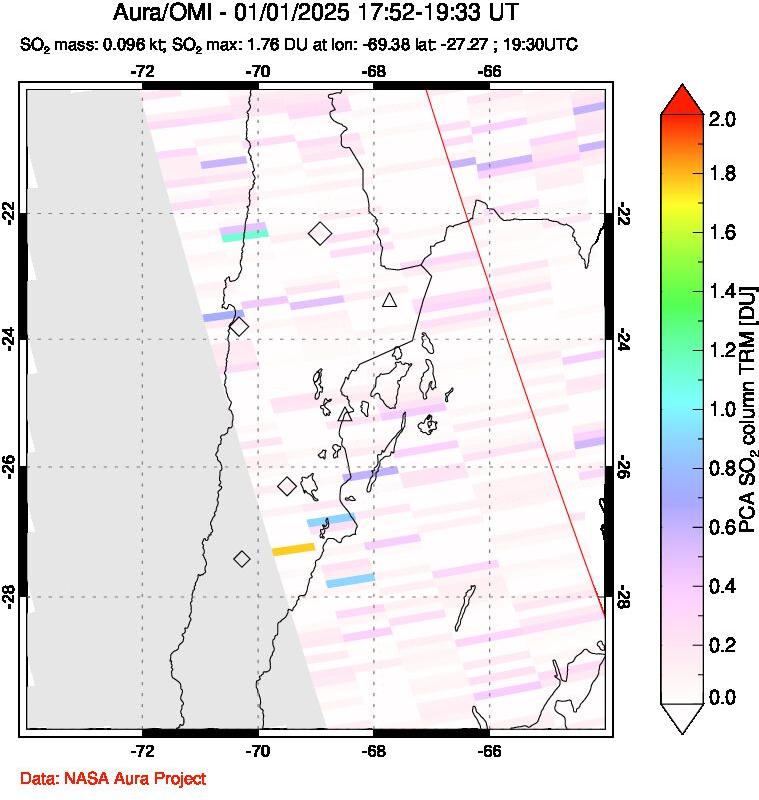 A sulfur dioxide image over Northern Chile on Jan 01, 2025.