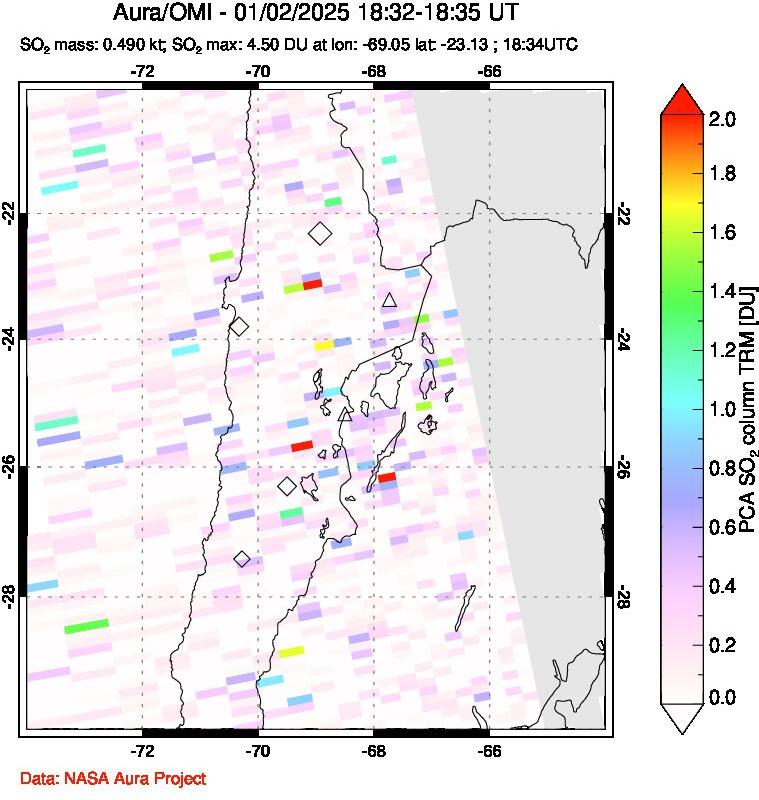 A sulfur dioxide image over Northern Chile on Jan 02, 2025.