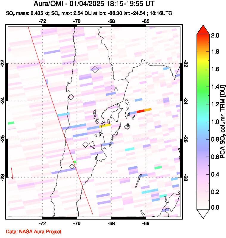 A sulfur dioxide image over Northern Chile on Jan 04, 2025.