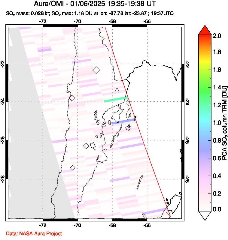 A sulfur dioxide image over Northern Chile on Jan 06, 2025.