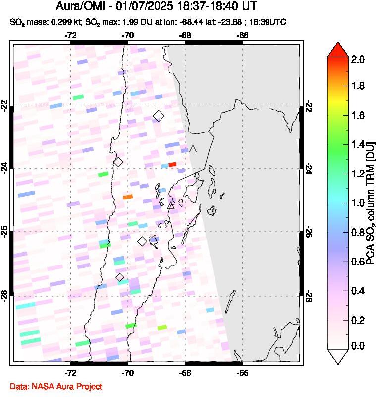 A sulfur dioxide image over Northern Chile on Jan 07, 2025.