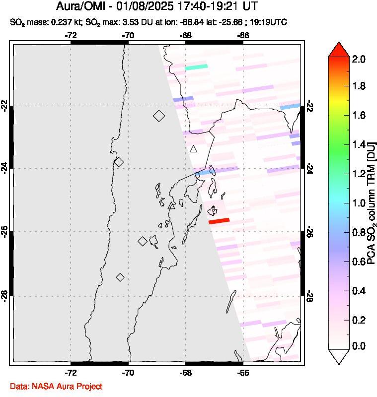 A sulfur dioxide image over Northern Chile on Jan 08, 2025.