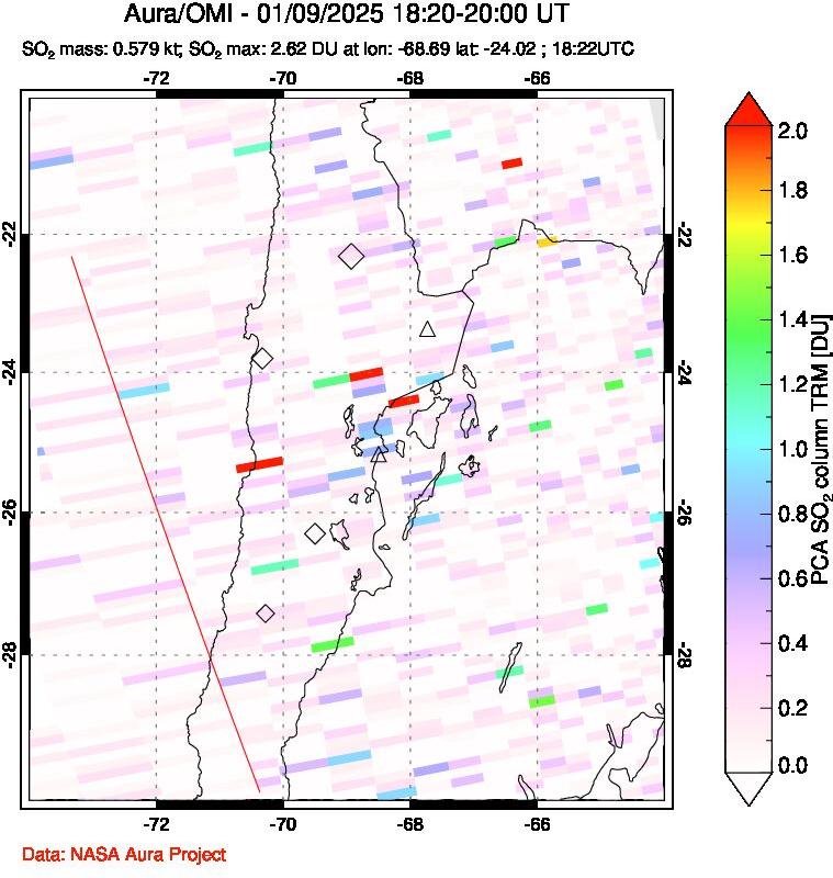 A sulfur dioxide image over Northern Chile on Jan 09, 2025.