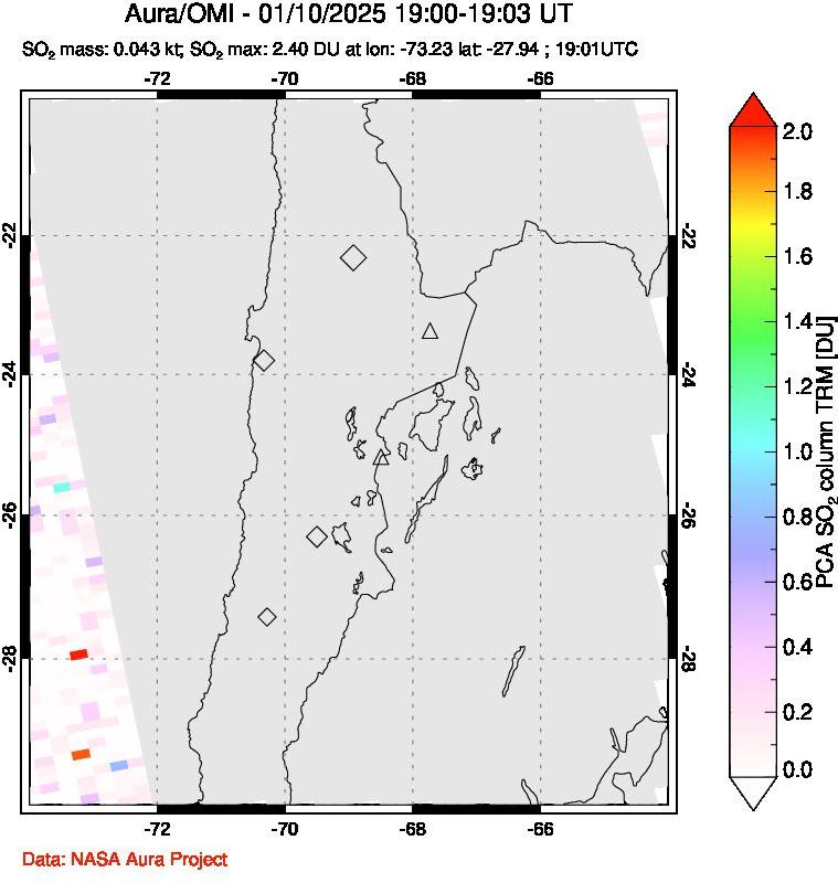 A sulfur dioxide image over Northern Chile on Jan 10, 2025.