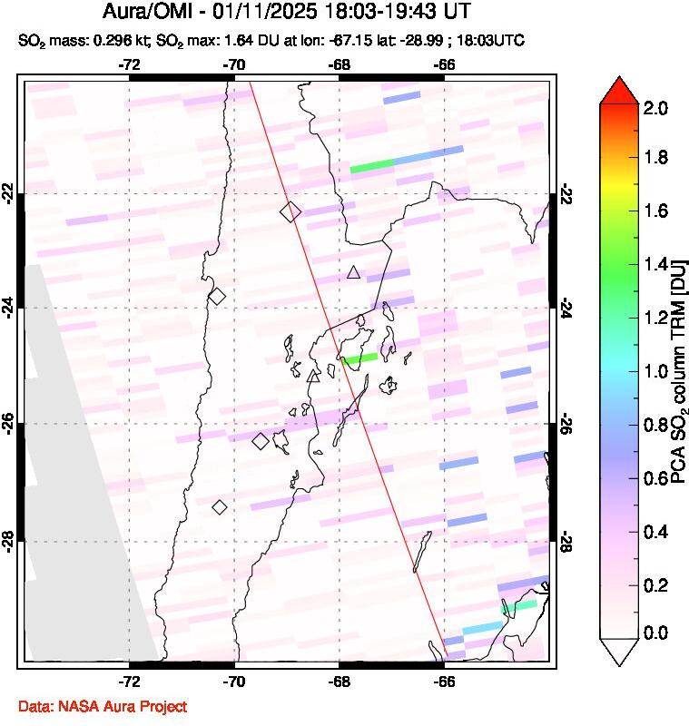 A sulfur dioxide image over Northern Chile on Jan 11, 2025.