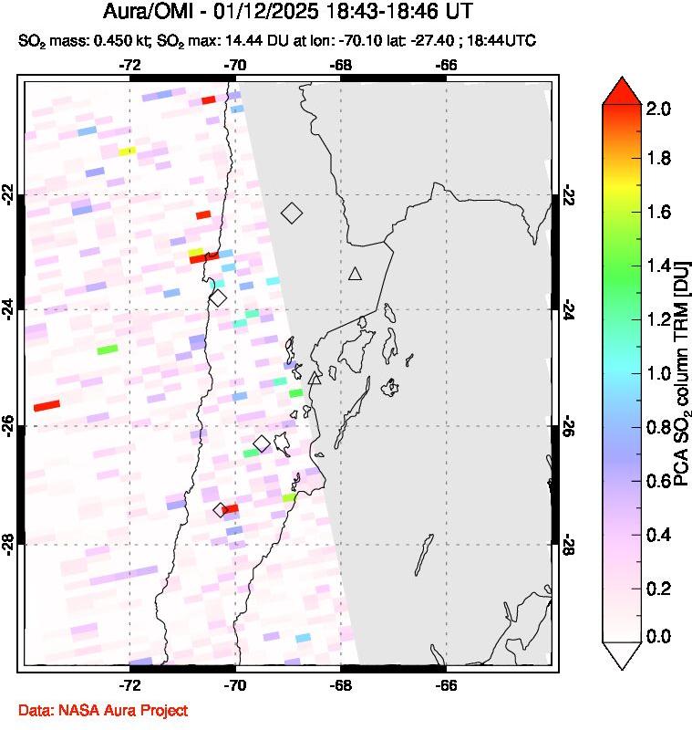 A sulfur dioxide image over Northern Chile on Jan 12, 2025.