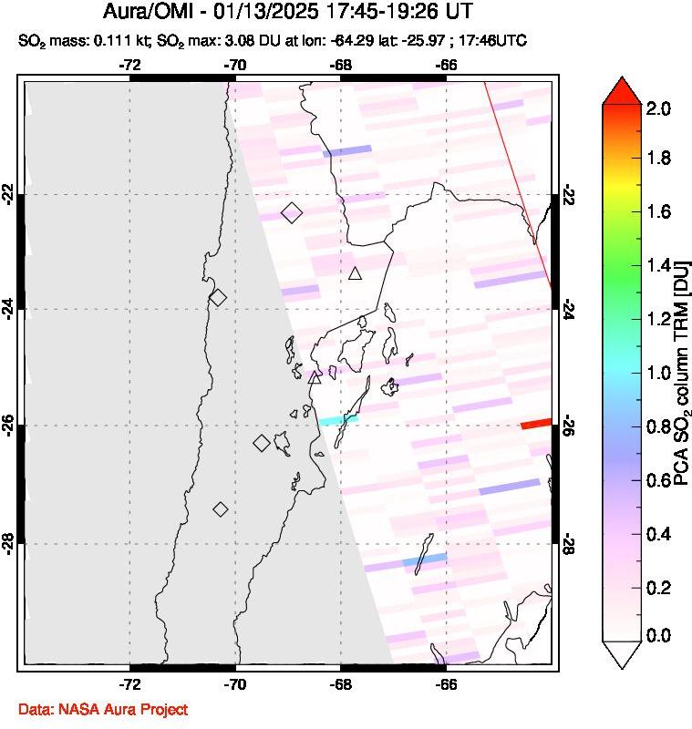 A sulfur dioxide image over Northern Chile on Jan 13, 2025.